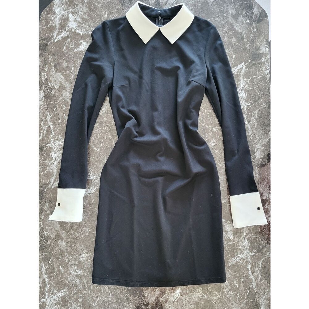 Coco Bella S Classic Black Long-Sleeve Midi Dress White Collar and Cuffs Formal